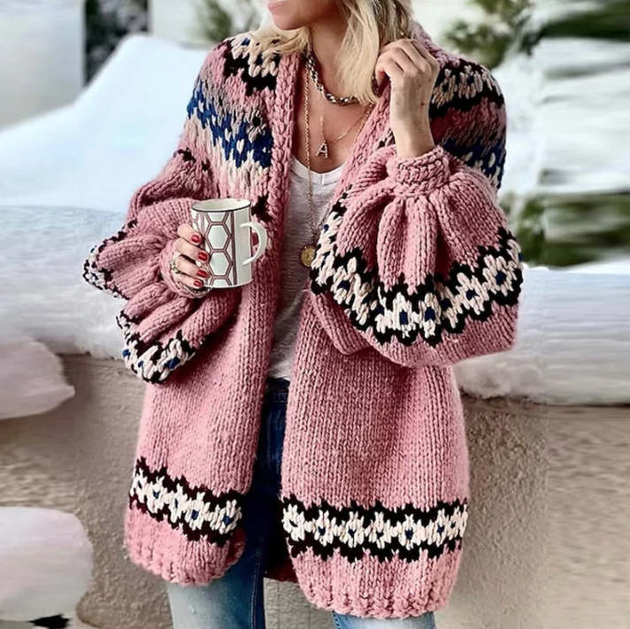 Warme Dicke Strickjacke für Damen mit Laternenärmel Rosa